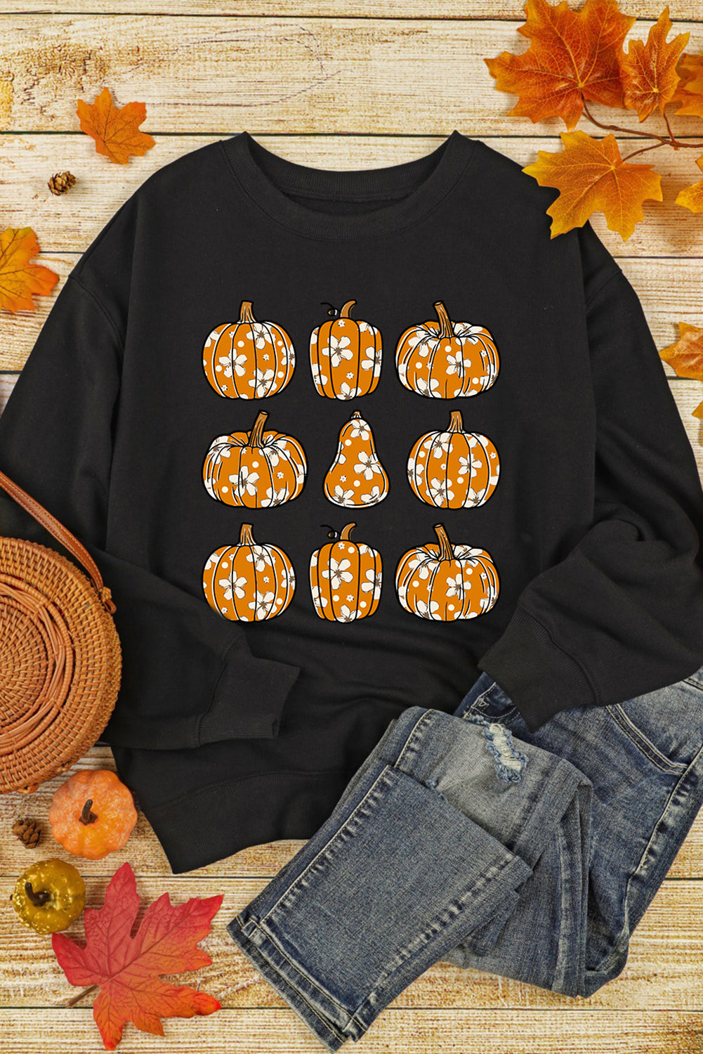 Black Floral Pumpkin Graphic Round Neck Halloween Sweatshirt Graphic Sweatshirts JT's Designer Fashion