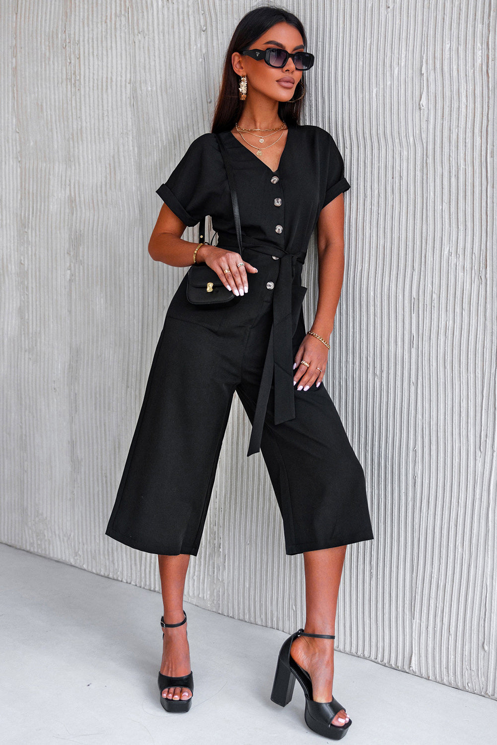 Black V Neck Pocketed Jumpsuit Jumpsuits & Rompers JT's Designer Fashion