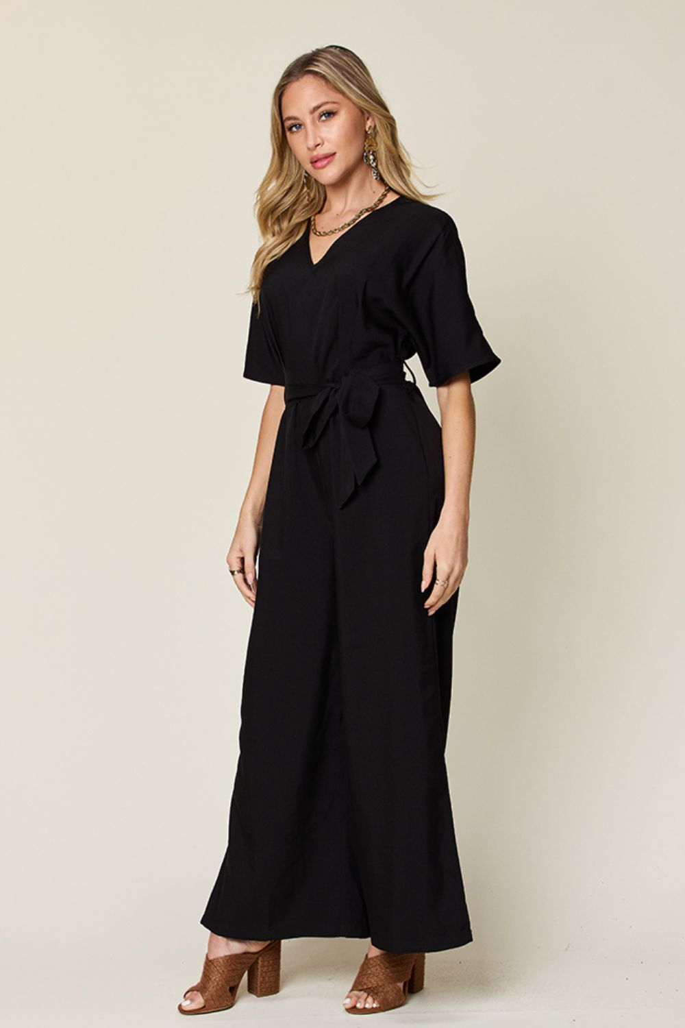 Double Take Full Size V-Neck Tied Side Slit Jumpsuit Jumpsuits & Rompers JT's Designer Fashion