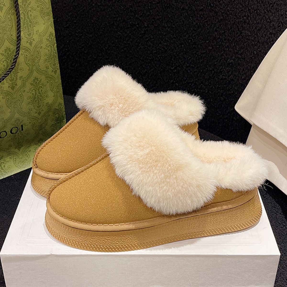 Suede Faux Fur Round Toe Platform Slippers Camel Slippers JT's Designer Fashion