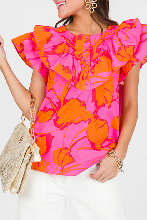 Rose Floral Ruffled Trim Flutter Sleeve Summer Top Blouses & Shirts JT's Designer Fashion