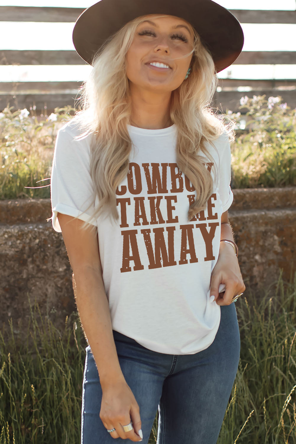 White COWBOY TAKE ME AWAY Crew Neck T Shirt Graphic Tees JT's Designer Fashion