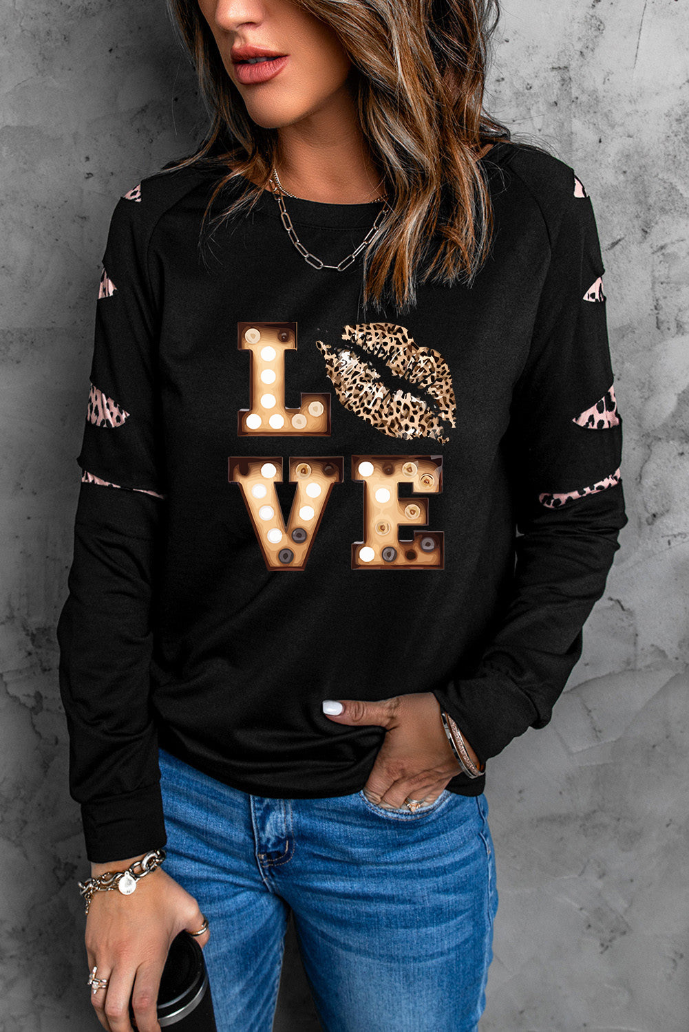 Valentine LOVE Leopard Print Cut-out Long Sleeve Sweatshirt Graphic Sweatshirts JT's Designer Fashion