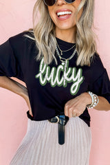 Black St Patricks Day lucky Cracked Letter Graphic T Shirt Graphic Tees JT's Designer Fashion