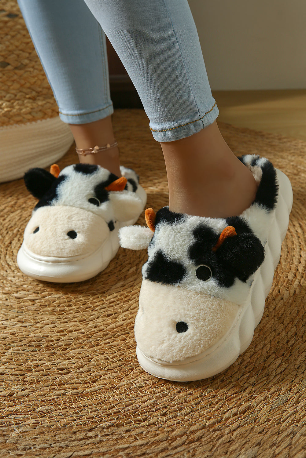 White Cute Cow Thick Sole Plush Thermal Home Slippers Slippers JT's Designer Fashion