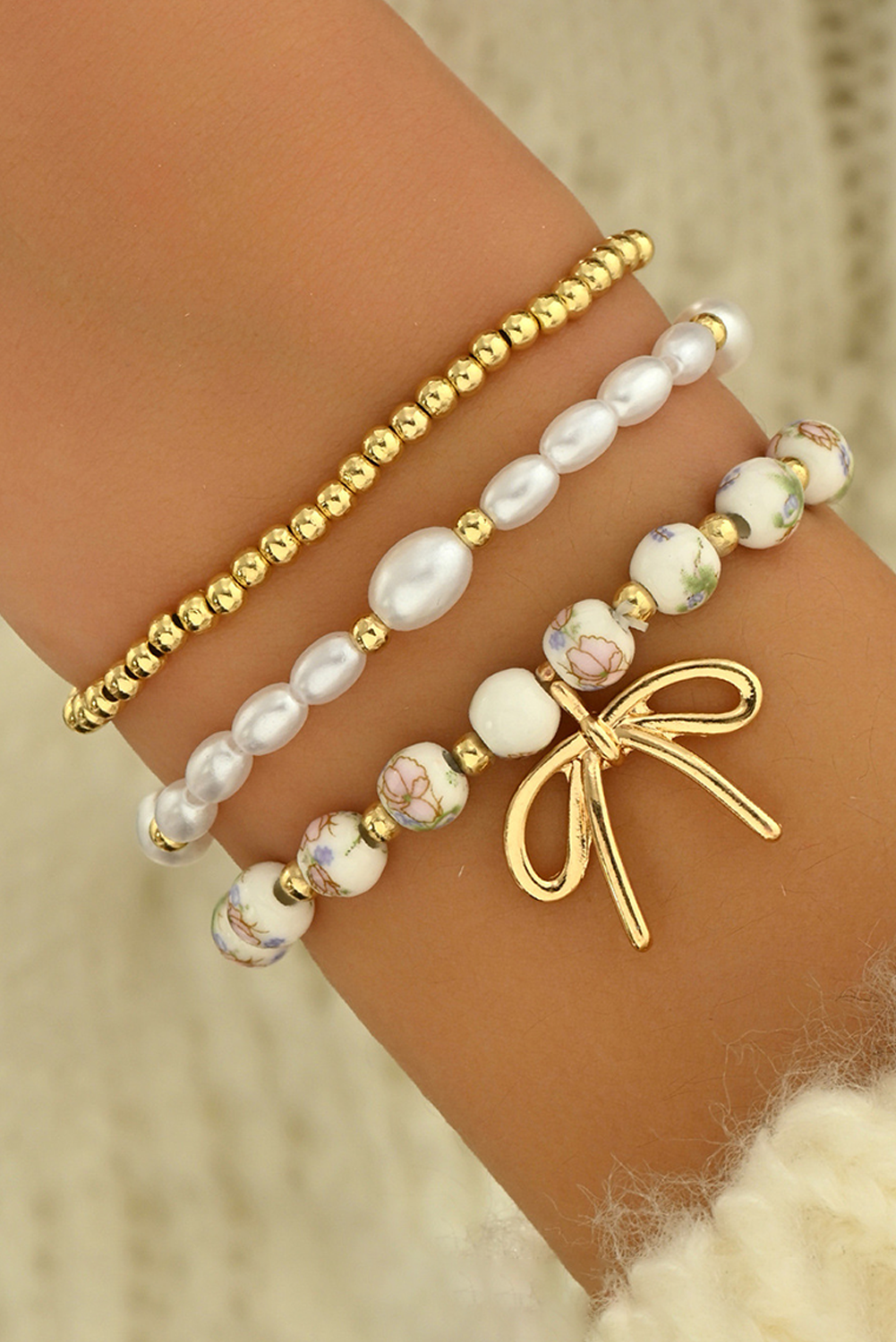 Gold Bow Knot Charm Beaded Triple Layer Bracelet Set Jewelry JT's Designer Fashion