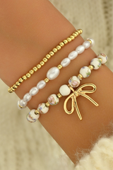 Gold Bow Knot Charm Beaded Triple Layer Bracelet Set Jewelry JT's Designer Fashion