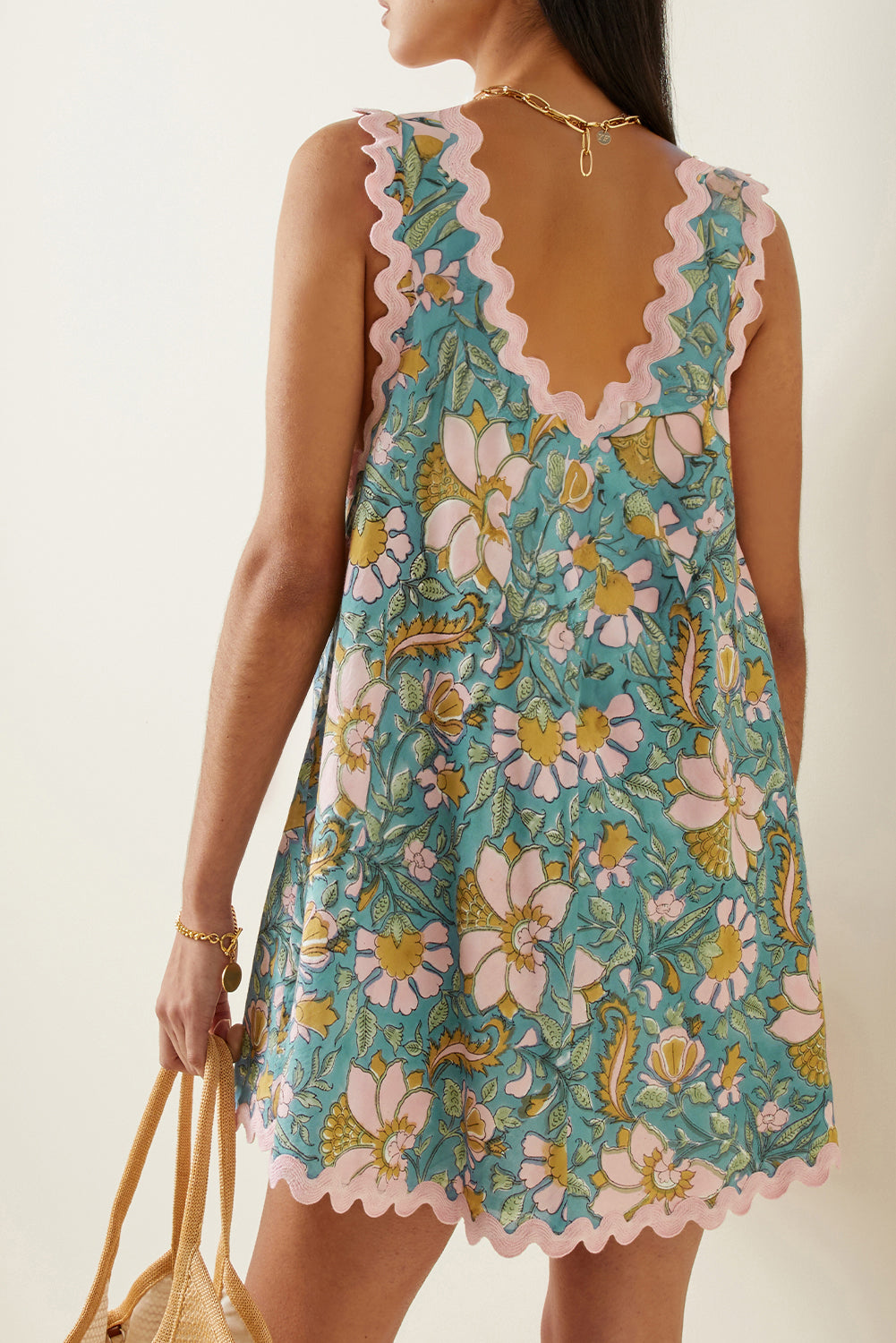 Sky Blue Floral Ricrac Trim V Neck Shift Mini Tank Dress Mini Dresses JT's Designer Fashion