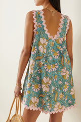 Sky Blue Floral Ricrac Trim V Neck Shift Mini Tank Dress Mini Dresses JT's Designer Fashion