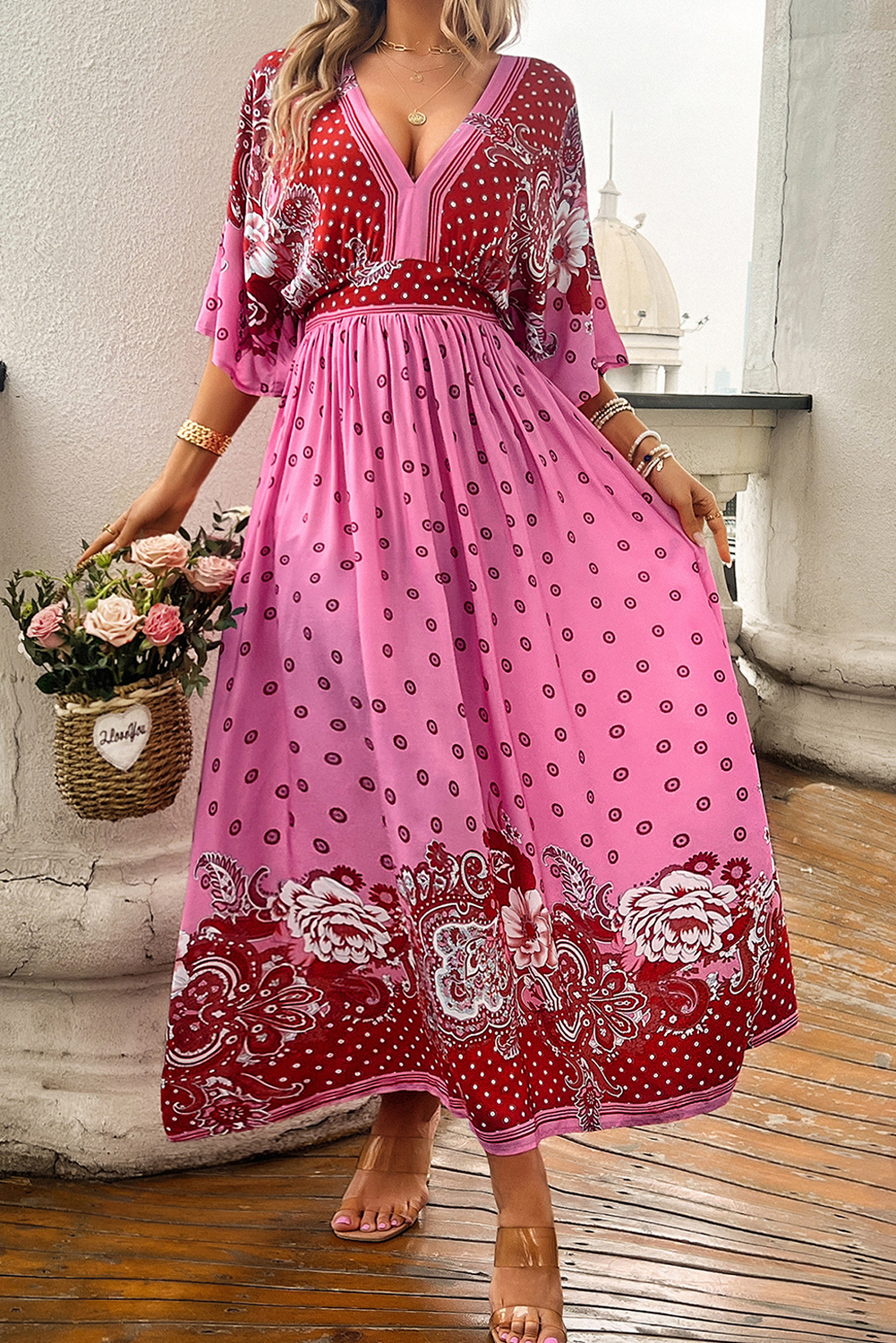 Pink Floral Print Knotted Open Back High Waist Maxi Dress Maxi Dresses JT's Designer Fashion