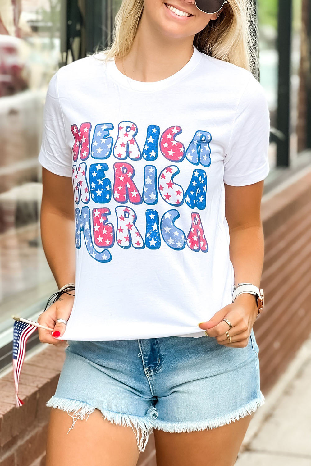 White MERICA Graphic Crew Neck Tee White 95%Polyester+5%Elastane Graphic Tees JT's Designer Fashion