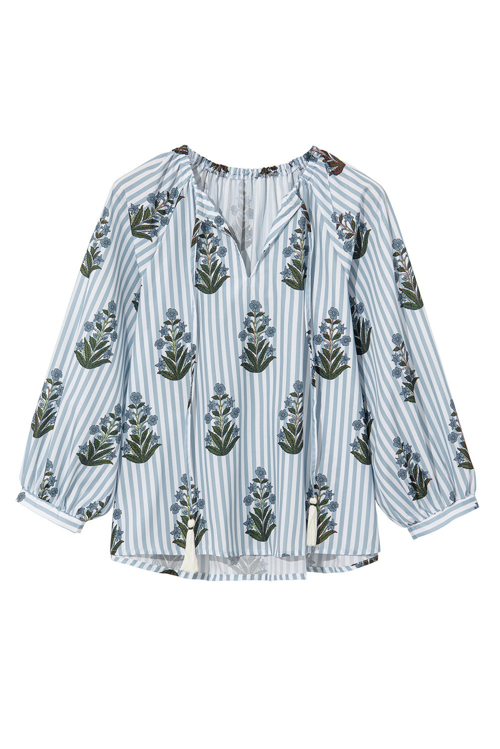 Beau Blue Striped Floral Printed Long Sleeve Tied V Neck Blouse Blouses & Shirts JT's Designer Fashion