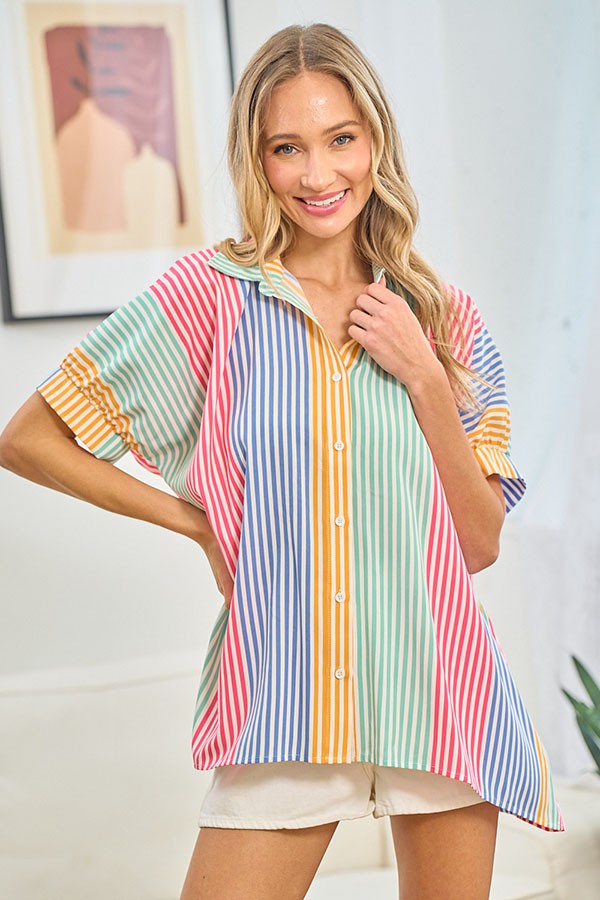 First Love Full Size Striped Button Down Short Sleeve Shirt Blouses & Shirts JT's Designer Fashion