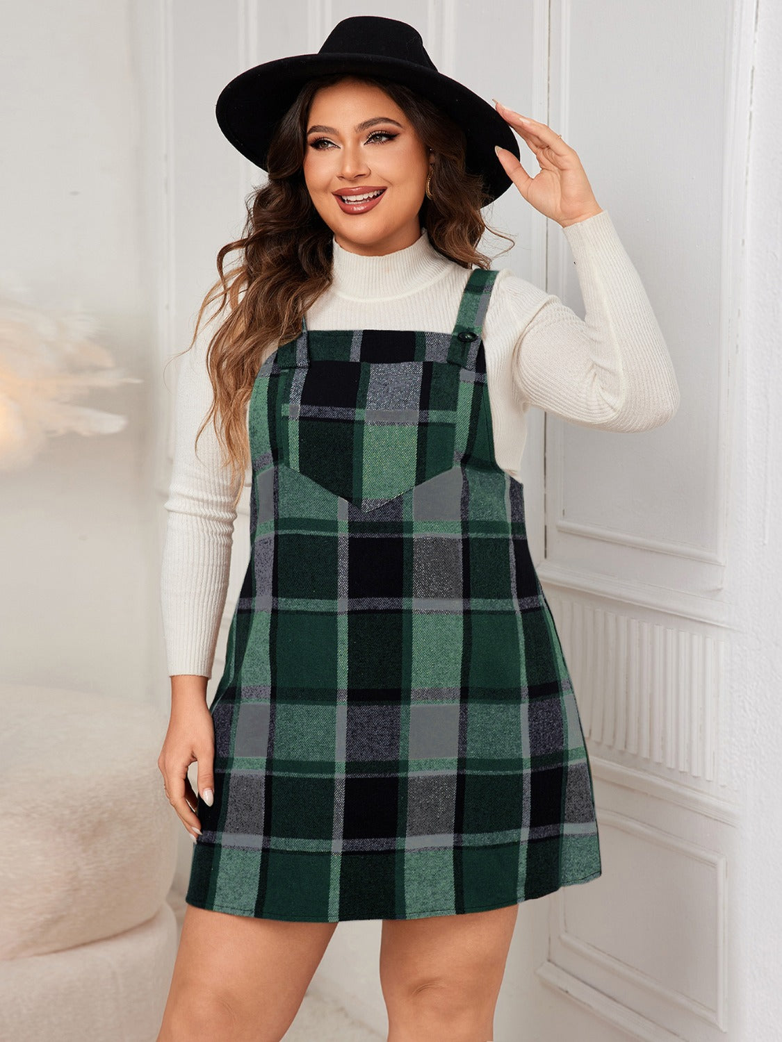 Plus Size Plaid Wide Strap Overall Dress Dark Green Mini Dresses JT's Designer Fashion