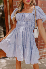 Sky Blue Stripe Bubble Sleeve Square Neck Ruched Pocketed Babydoll Dress Mini Dresses JT's Designer Fashion