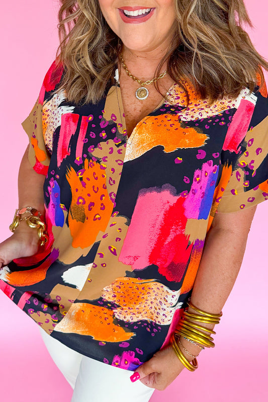 Multicolour Abstract Print V Neck Short Sleeve Plus Blouse Plus Size JT's Designer Fashion