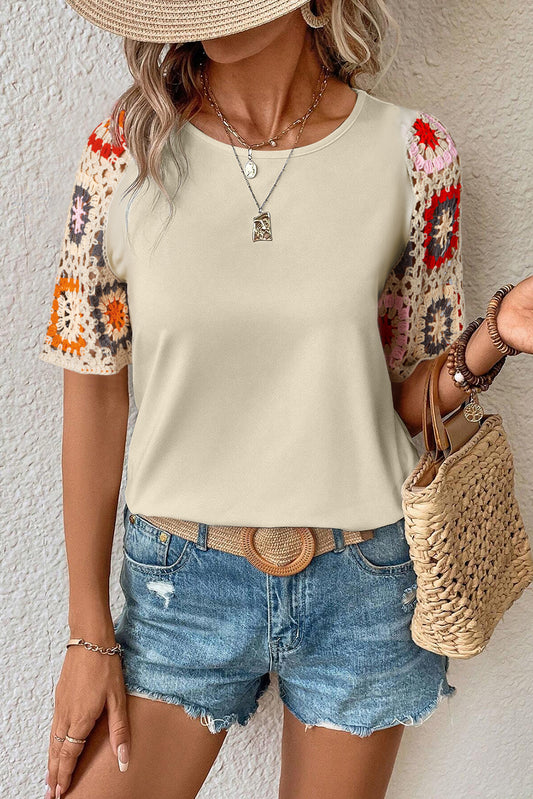 Parchment Floral Crochet Short Sleeve Top Tops & Tees JT's Designer Fashion