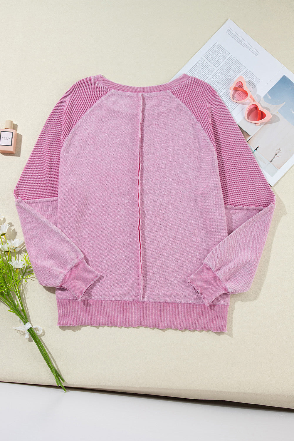 Pink Waffle Knit Patchwork Exposed Seam Raglan Sweatshirt Sweatshirts & Hoodies JT's Designer Fashion