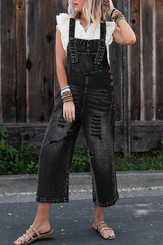 Black Distressed Bib Pocket Wide Leg Denim Overall Jumpsuits & Rompers JT's Designer Fashion