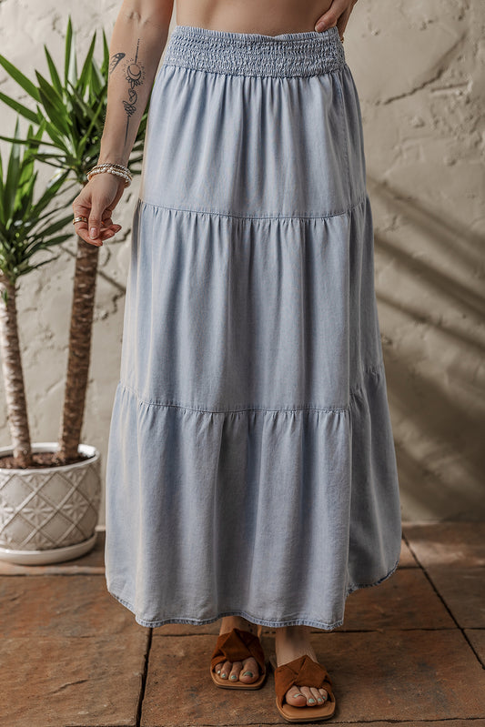 Beau Blue Tiered Smocked High Waist Denim Maxi Skirt Pre Order Bottoms JT's Designer Fashion