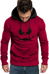Fiery Red Funny Face Print Color Block Pocketed Men's Hoodie Men's Tops JT's Designer Fashion