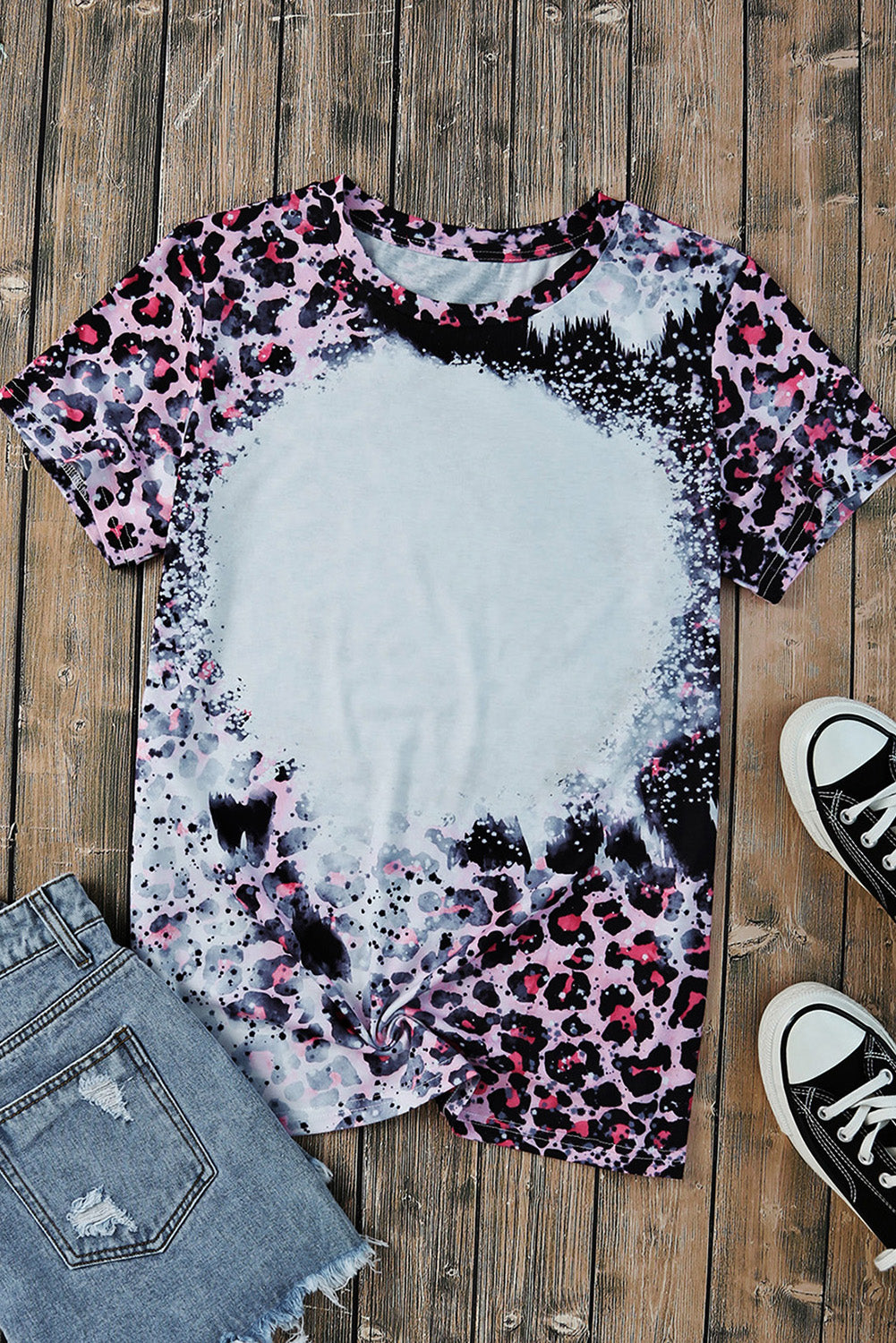 Pink Leopard Dyed Print Bleached Blank Tee Tops & Tees JT's Designer Fashion