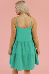 Sea Green Textured Buttoned Thin Strap Tiered Loose Fit Mini Dress Mini Dresses JT's Designer Fashion