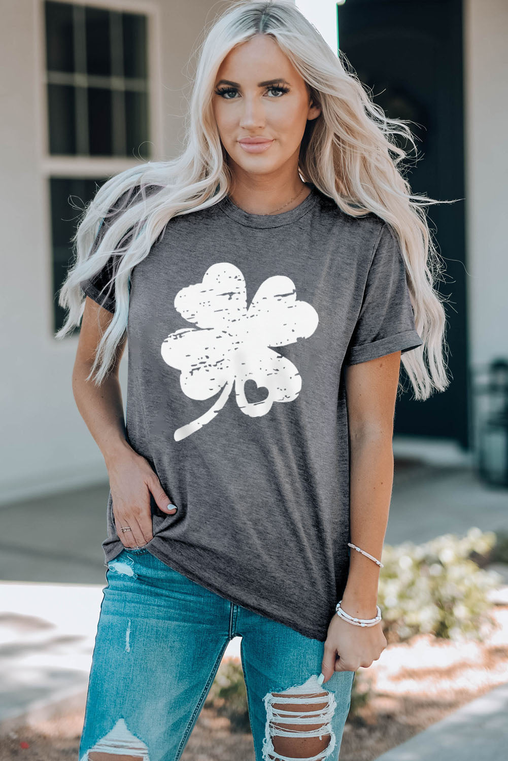 Gray St Patrick Shamrock Graphic Print Tee Graphic Tees JT's Designer Fashion