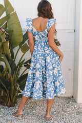 Sky Blue Floral U Neck Flutter Shoulder Tiered Flowy Midi Dress Floral Dresses JT's Designer Fashion