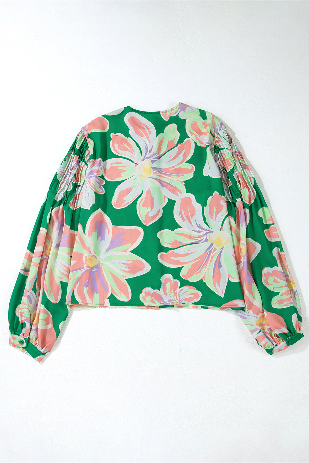 Green Floral Print Button up Pleated Puff Sleeve Loose Shirt Blouses & Shirts JT's Designer Fashion