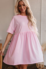 Light Pink Solid Color Pocketed Raw Edge Babydoll Dress Mini Dresses JT's Designer Fashion