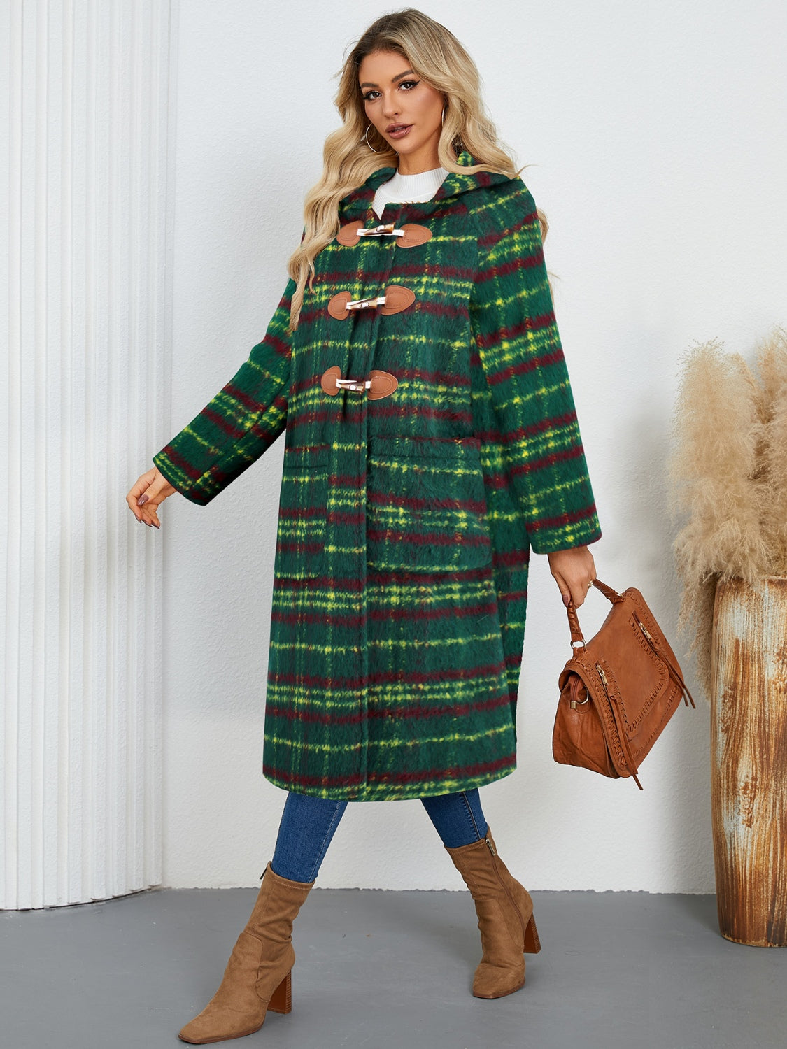 Plaid Long Sleeve Hooded Coat with Pockets Long Sleeve Tops JT's Designer Fashion