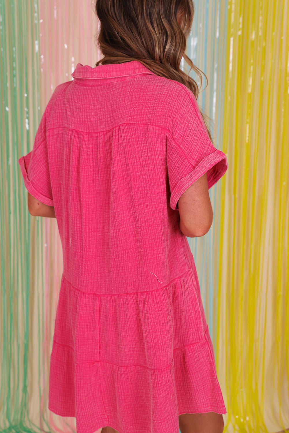 Strawberry Pink Mineral Wash Crinkle Split Neck Raw Hem Tiered Dress Dresses JT's Designer Fashion