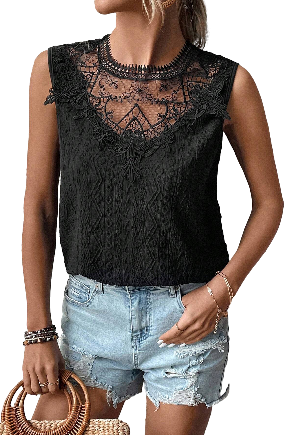 Black Guipure Lace Crochet Keyhole Back Tank Top Tops & Tees JT's Designer Fashion