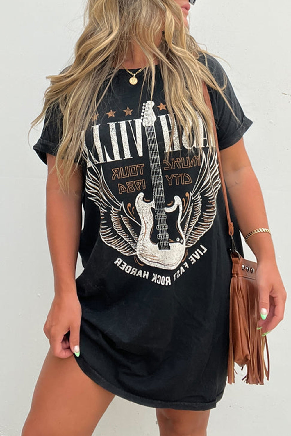 Black Nashville Guitar Print Crew Neck T Shirt Mini Dress T Shirt Dresses JT's Designer Fashion