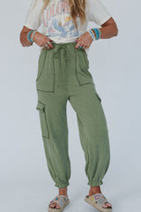 Grass Green Textured Cargo Pocketed Drawstring Ruffled Jogger High Waist Pants Bottoms JT's Designer Fashion