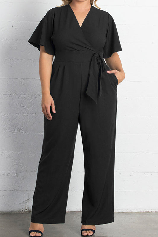 Black V Neck Tie Knot High Waist Plus Size Jumpsuit Jumpsuits & Rompers JT's Designer Fashion