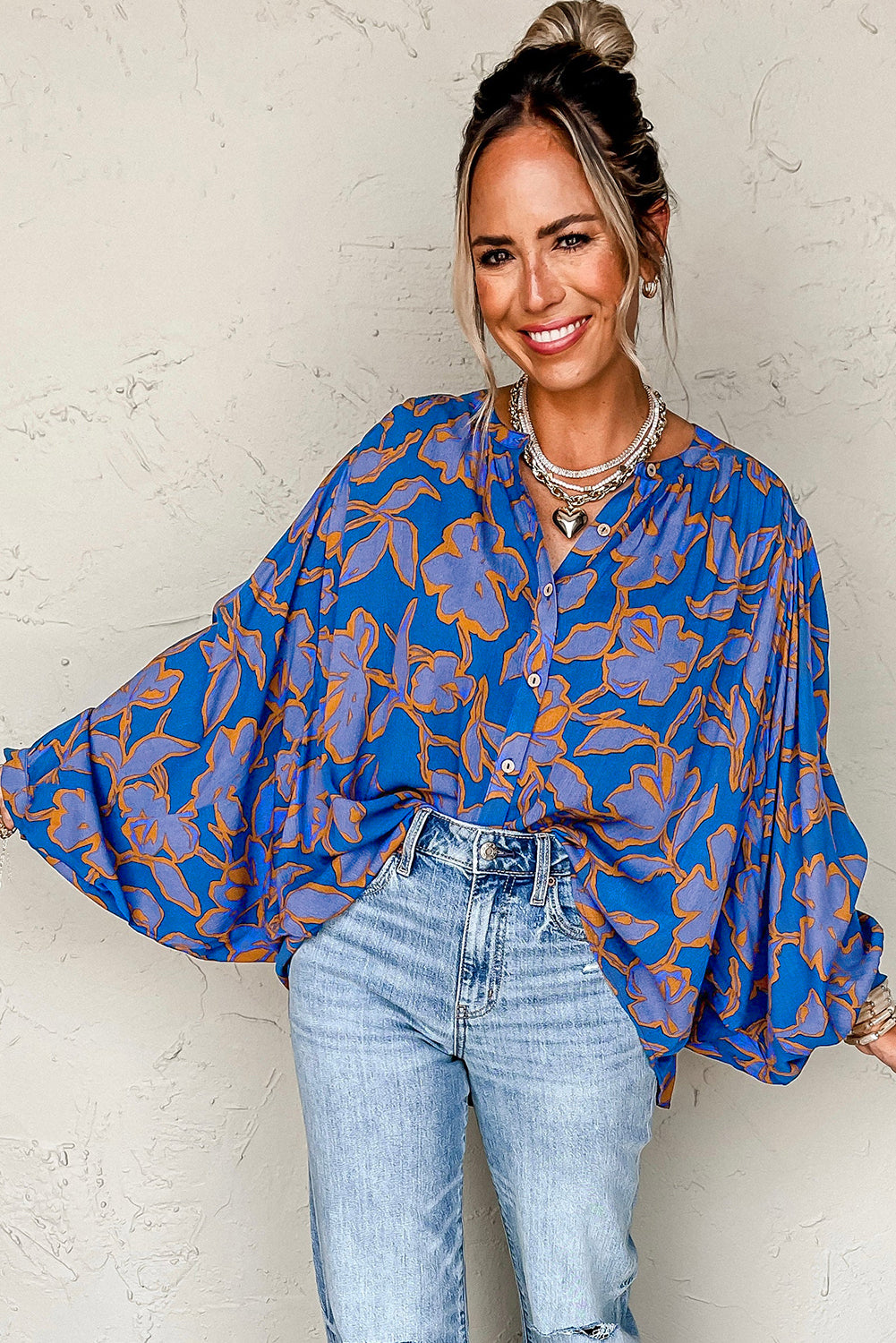 Blue Floral Print Batwing Sleeve Buttoned Loose Fit Shirt Blouses & Shirts JT's Designer Fashion