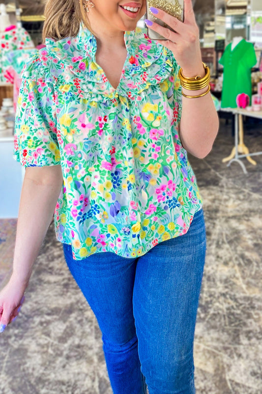 Green Floral Print Tiered Frilled V Neck Blouse