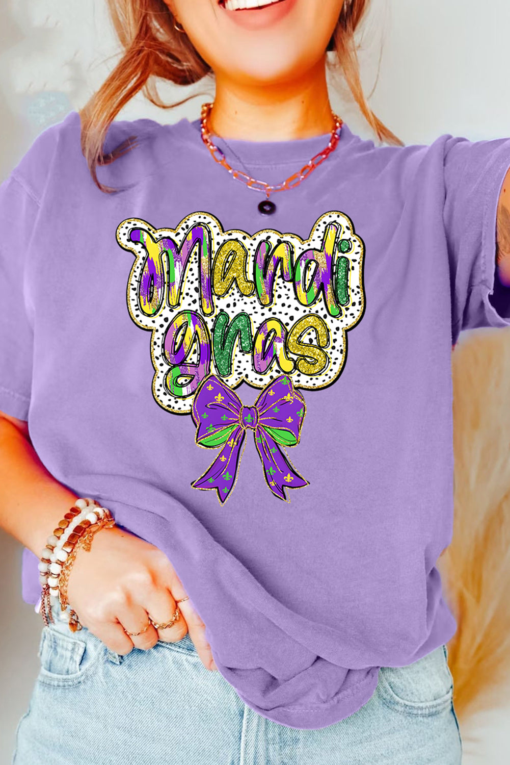 Wisteria mardi gras Bow Printed Crewneck Holiday T Shirt Graphic Tees JT's Designer Fashion