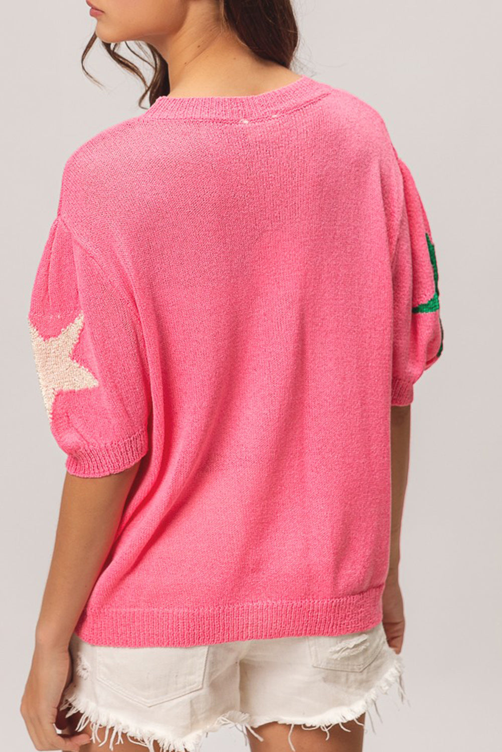 Pink Big Star Accent Dropped Puff Sleeve Knitwear Top Pre Order Sweaters & Cardigans JT's Designer Fashion