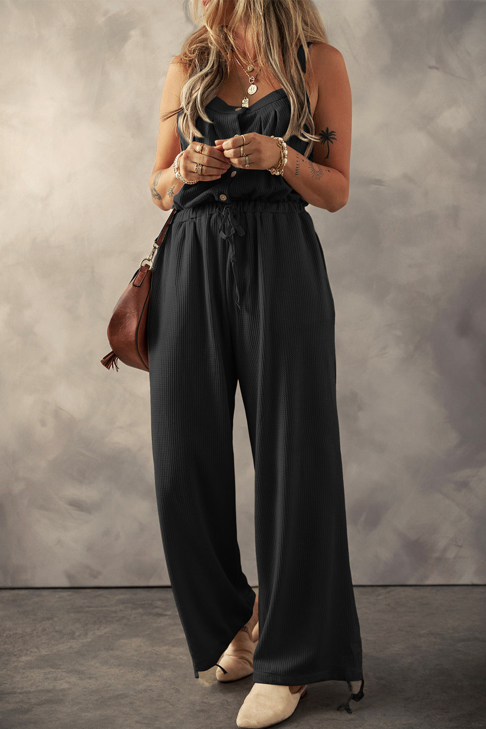 Black Knotted Straps Button Textured Drawstring Jumpsuit Pre Order Bottoms JT's Designer Fashion