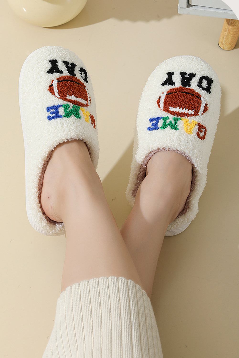 White GAME DAY Rugby Football Plush Slippers Slippers JT's Designer Fashion