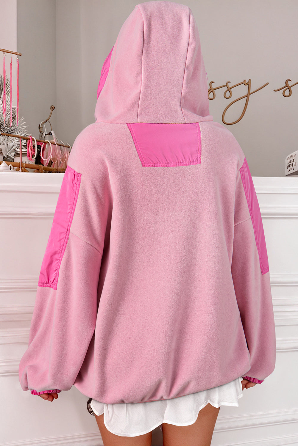 Pink Colorblock Patchwork Half Zip Oversized Sherpa Hoodie Sweatshirts & Hoodies JT's Designer Fashion