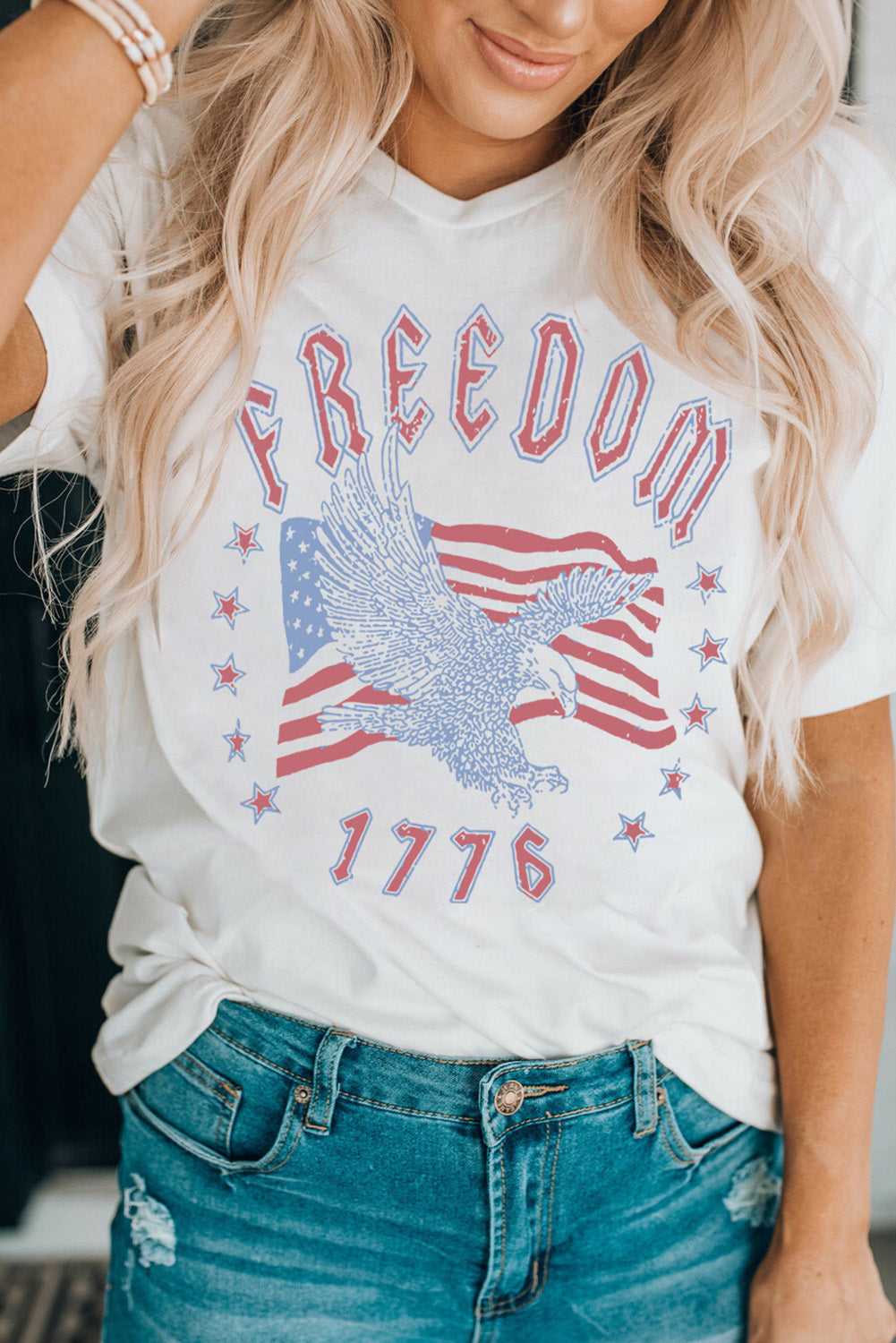 White FREEDOM Eagle Flag Print 1776 Graphic Tee White 95%Polyester+5%Elastane Graphic Tees JT's Designer Fashion