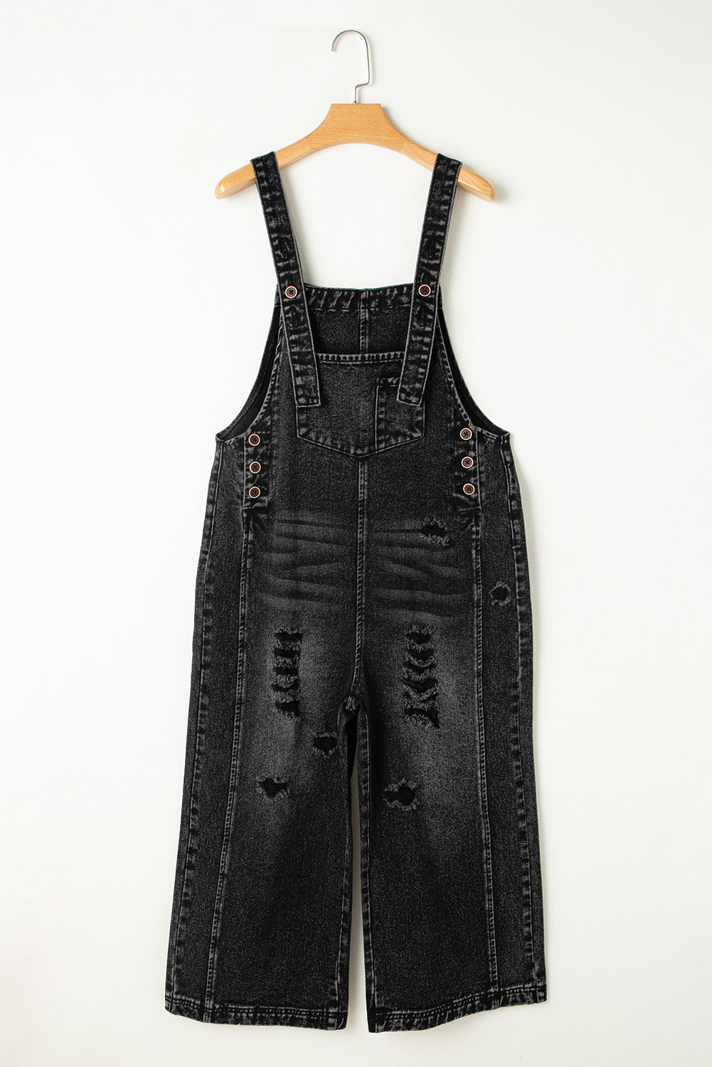 Black Distressed Bib Pocket Wide Leg Denim Overall Jumpsuits & Rompers JT's Designer Fashion