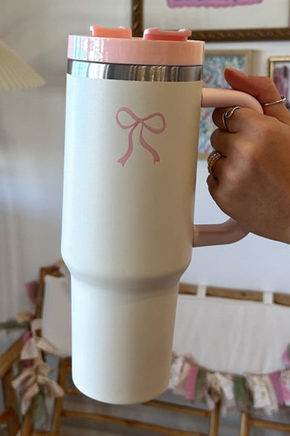 Pink Bow Knot Color Block Handle Tumbler 40Z Tumblers JT's Designer Fashion