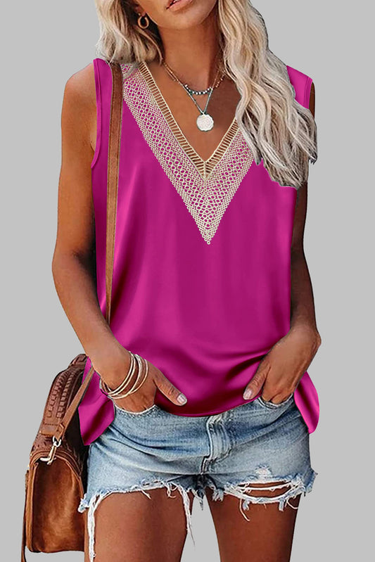 Bright Pink Guipure Lace V Neck Satin Tank Top Tops & Tees JT's Designer Fashion