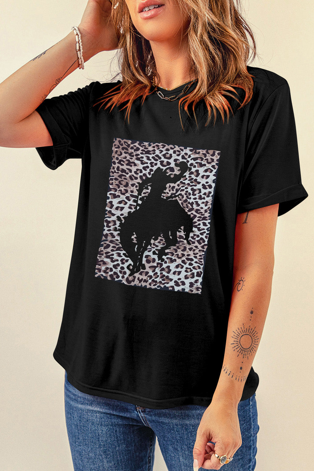 Black Leopard Hollowed Cowboy Graphic T-shirt Graphic Tees JT's Designer Fashion