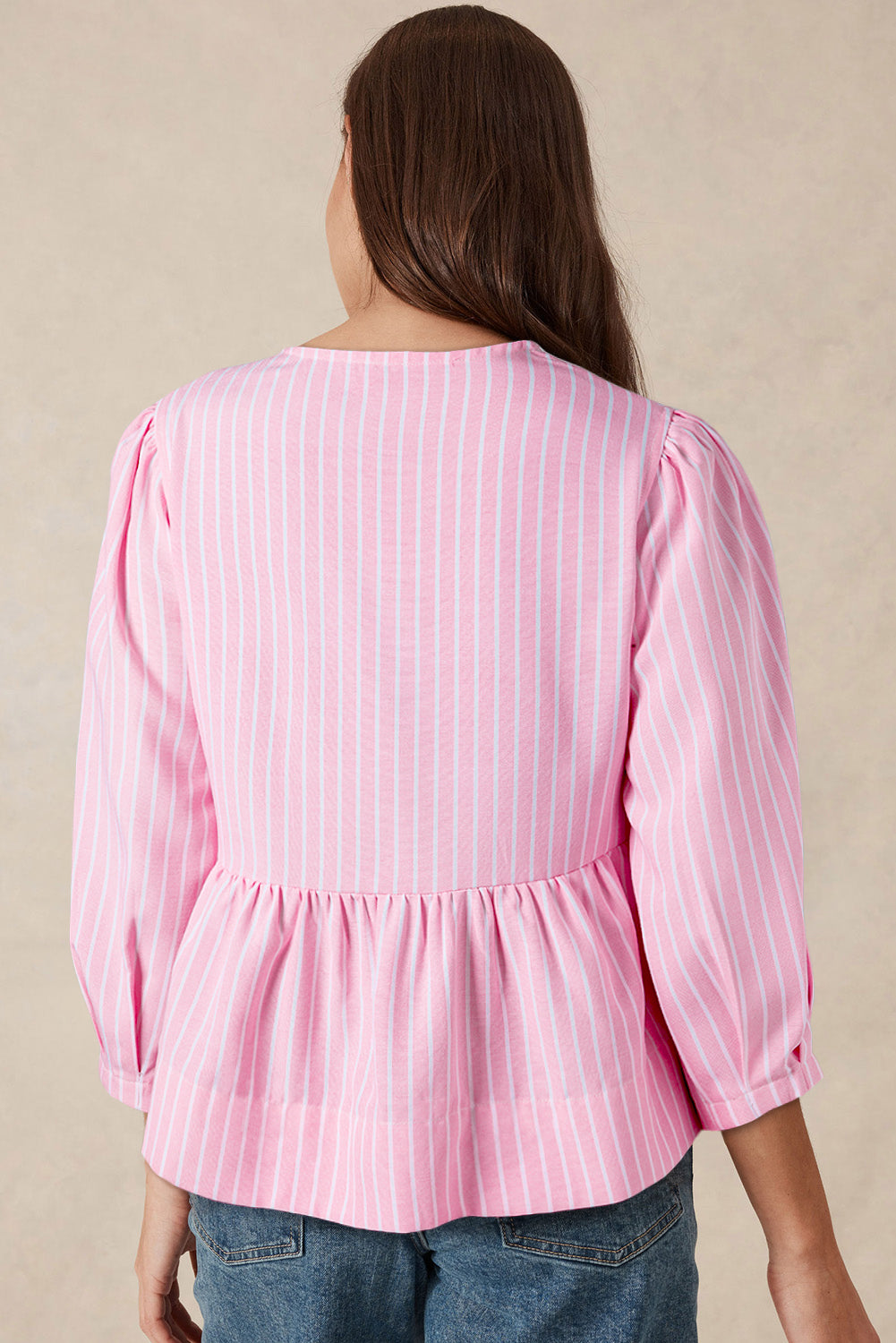 Pink Stripe Bowknot Front Crew Neck Puff Sleeve Blouse Blouses & Shirts JT's Designer Fashion